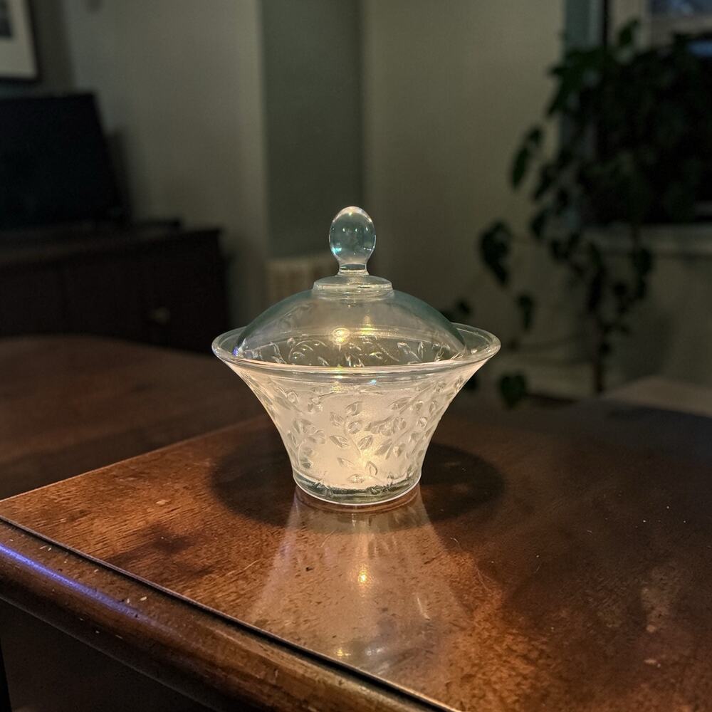 Vintage KIG Indonesia Rose Floral Decoration Clear Glass Candy Dish
